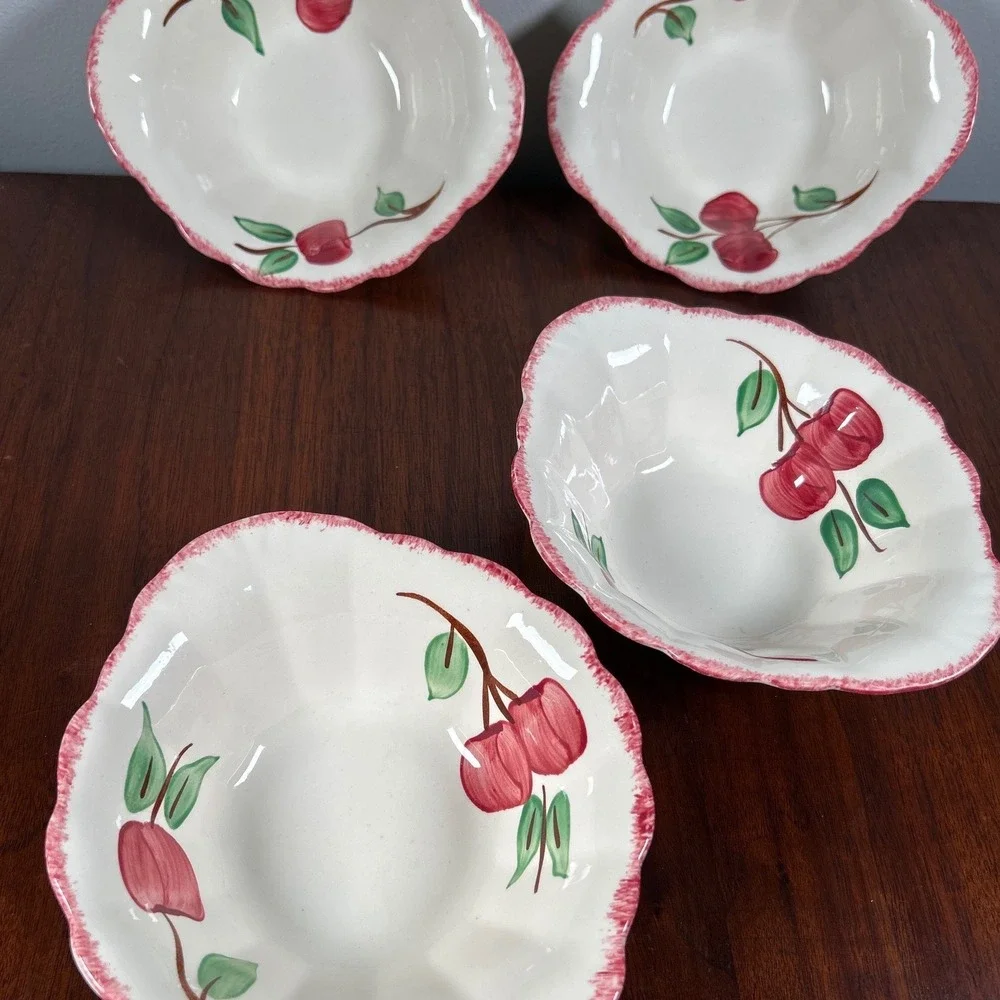 Blue Ridge Southern Potteries Red Apple Scalloped Bowls Hand Painted Set of 4